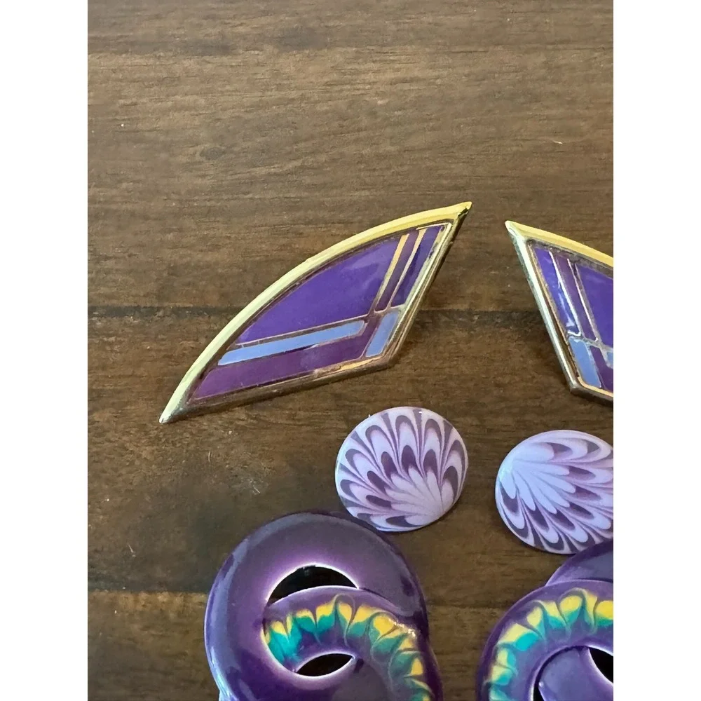 3 Pair Vintage Purple Earrings Metal and‎ Plastic Women Pierced Ears